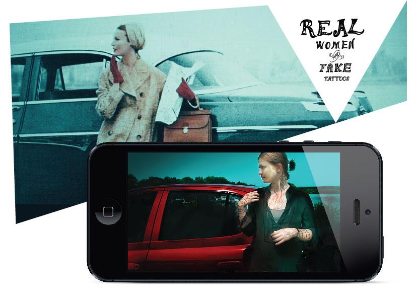 two similar images of a blond girl by red car, one is vintage and other one is new