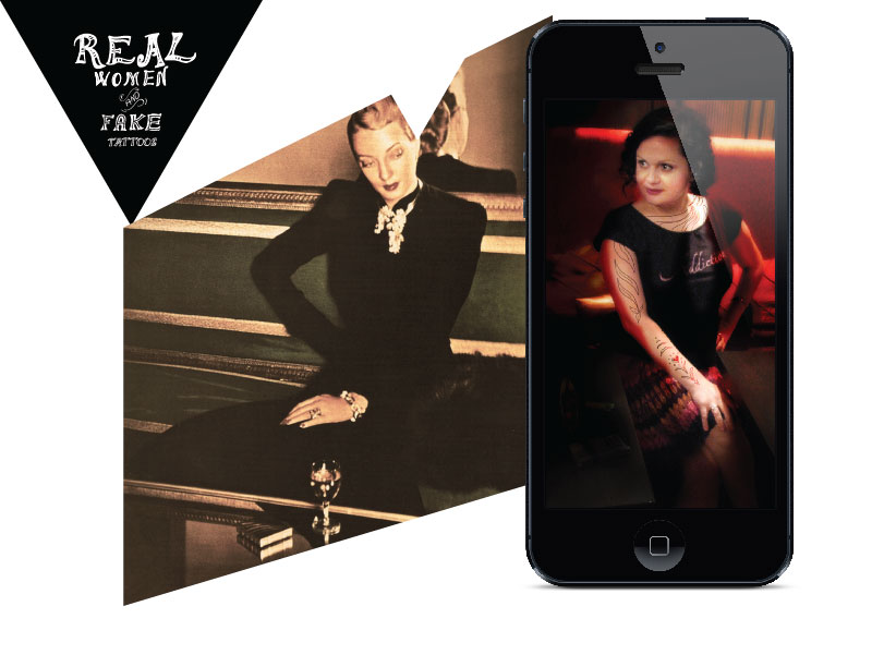 two similar images of girl sitting in a bar