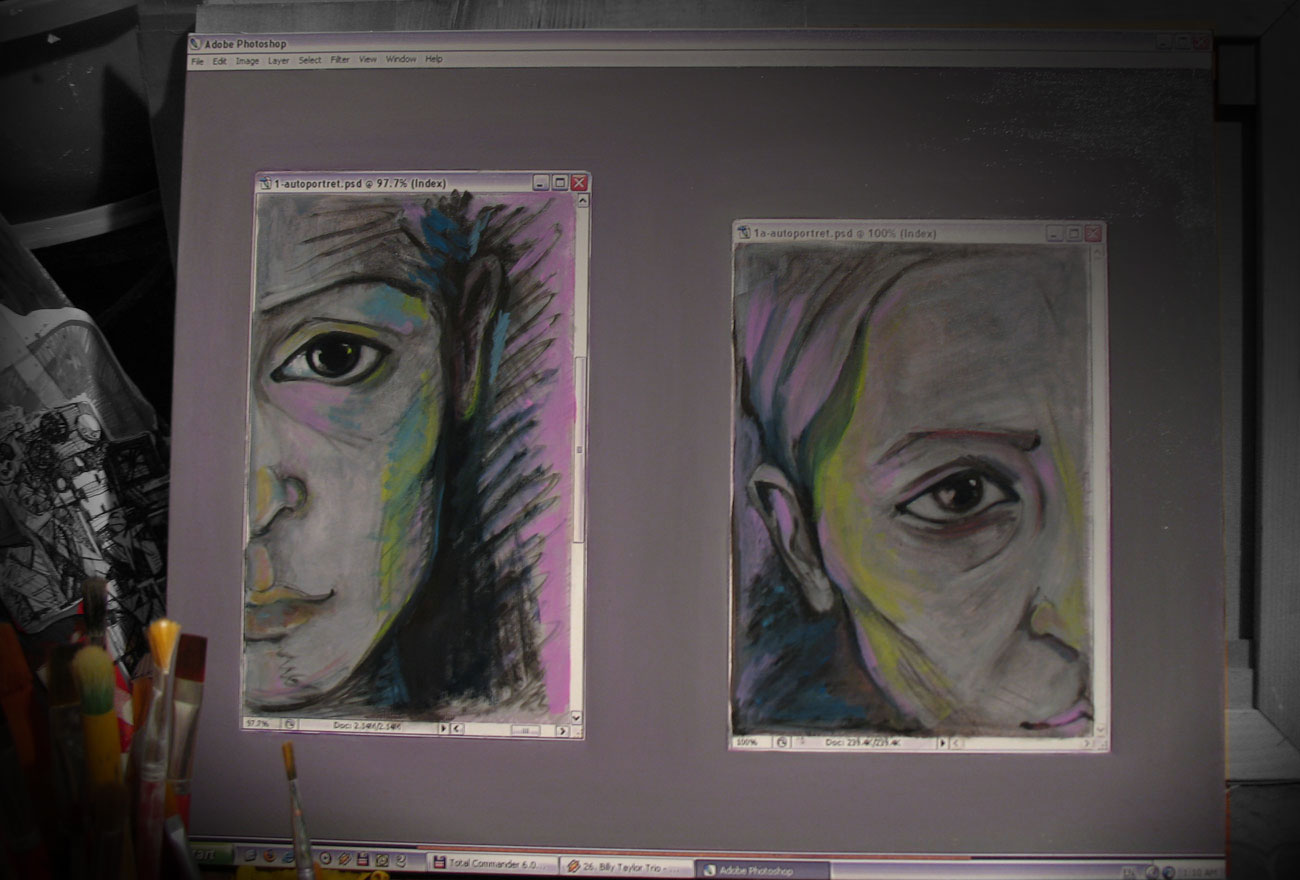sketched selfportraits inside photoshop gui - canvas